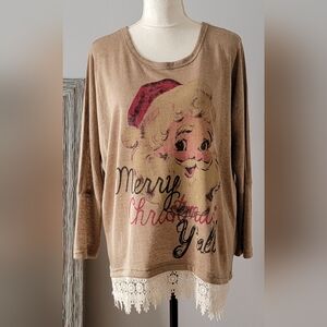 NWOT Merry Christmas  Y'all Sweater with lace trim